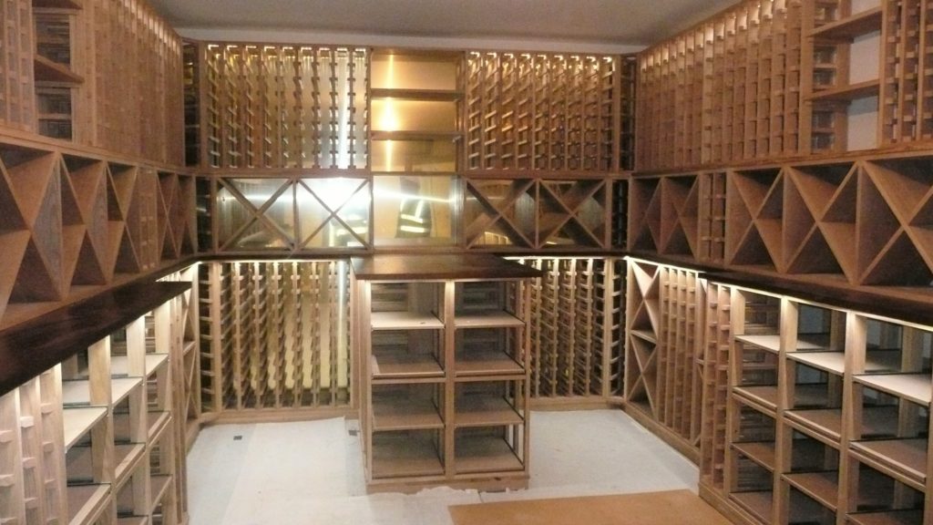 Wine cellar interior with wooden shelving